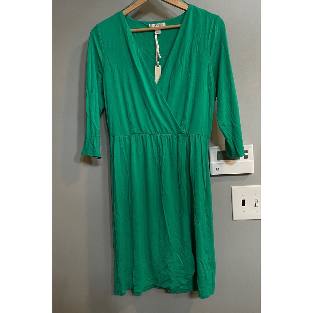Kenar Faux Wrap Dress Womens Large Green 3/4 Sleeve V-Neck Jersey Knit New
